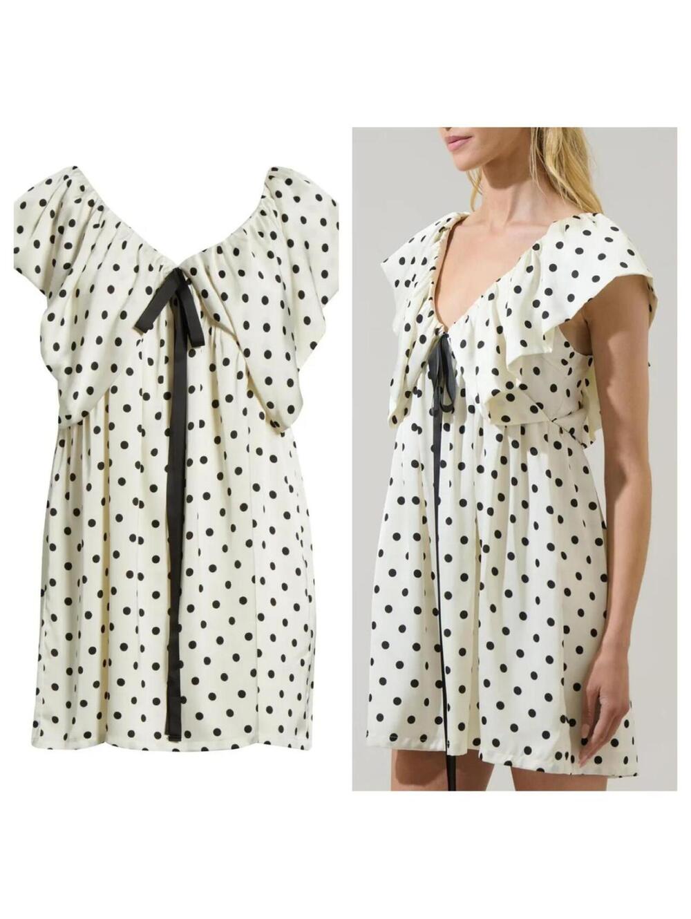 Lois Polka Dot Babydoll Mini Dress Ruffle Bow Coquette L